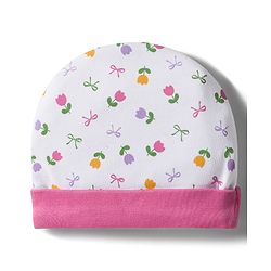 Babyhug 100% Cotton Interlock Knit Cap Mittens & Booties Set with Floral Print & Bow Applique White & Pink - Diameter 10 cm