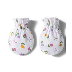 Babyhug 100% Cotton Interlock Knit Cap Mittens & Booties Set with Floral Print & Bow Applique White & Pink - Diameter 10 cm
