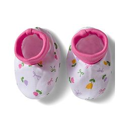 Babyhug 100% Cotton Interlock Knit Cap Mittens & Booties Set with Floral Print & Bow Applique White & Pink - Diameter 10 cm