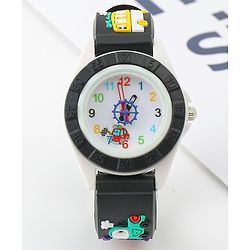 Babyhug Free Size Analog Watch with Car Print - White & Black