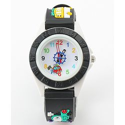 Babyhug Free Size Analog Watch with Car Print - White & Black