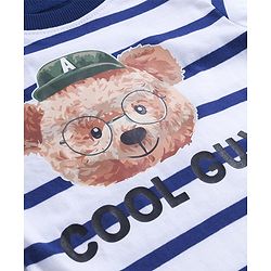 Babyhug Single Jersey Knit Premium Light Gauge Terry Full Sleeves T-Shirt & Joggers Set with Stripes & Teddy Print - White & Navy Blue