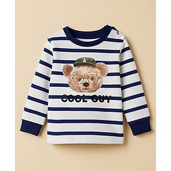 Babyhug Single Jersey Knit Premium Light Gauge Terry Full Sleeves T-Shirt & Joggers Set with Stripes & Teddy Print - White & Navy Blue