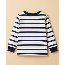 Babyhug Single Jersey Knit Premium Light Gauge Terry Full Sleeves T-Shirt & Joggers Set with Stripes & Teddy Print - White & Navy Blue