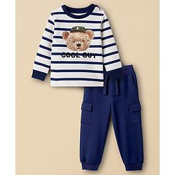 Babyhug Single Jersey Knit Premium Light Gauge Terry Full Sleeves T-Shirt & Joggers Set with Stripes & Teddy Print - White & Navy Blue