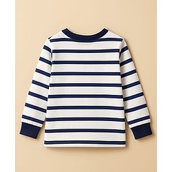 Babyhug Single Jersey Knit Premium Light Gauge Terry Full Sleeves T-Shirt & Joggers Set with Stripes & Teddy Print - White & Navy Blue