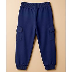 Babyhug Single Jersey Knit Premium Light Gauge Terry Full Sleeves T-Shirt & Joggers Set with Stripes & Teddy Print - White & Navy Blue