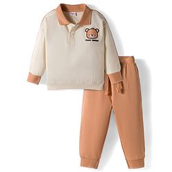 Babyhug Terry Knit Full Sleeves T-Shirt and Trouser Set With Bear Embriodery - Offwhite & Beige