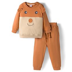 Babyhug Knit Premium Light Gauge Terry Full Raglan Sleeves T-Shirt & Joggers Set With Bear Applique & Patch - Brown