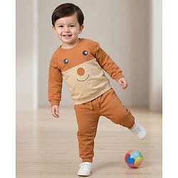 Babyhug Knit Premium Light Gauge Terry Full Raglan Sleeves T-Shirt & Joggers Set With Bear Applique & Patch - Brown