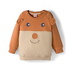 Babyhug Knit Premium Light Gauge Terry Full Raglan Sleeves T-Shirt & Joggers Set With Bear Applique & Patch - Brown