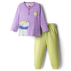 Babyhug Single Jersey Knit Full Sleeves Striped T-Shirt & Lounge Pant Set With Polar Bear Print - Lavender & Lime Green