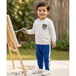 Babyhug Terry Knit Full Sleeves T-Shirt & Lounge Pant Set With Animal Embriodery - White & Blue