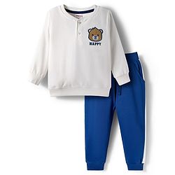 Babyhug Terry Knit Full Sleeves T-Shirt & Lounge Pant Set With Animal Embriodery - White & Blue
