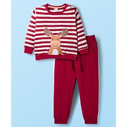 Babyhug Knit Premium Light Gauge Terry Full Sleeves T-Shirt & Lounge Pant with Stripe & Reindeer Patch - Maroon