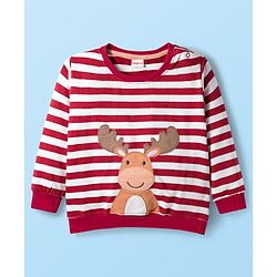 Babyhug Knit Premium Light Gauge Terry Full Sleeves T-Shirt & Lounge Pant with Stripe & Reindeer Patch - Maroon