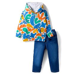 Babyhug Knit Premium Light Gauge Terry Full Sleeves Printed Hooded T-Shirt & Jeans Set With Kangaroo Pockets - Blue