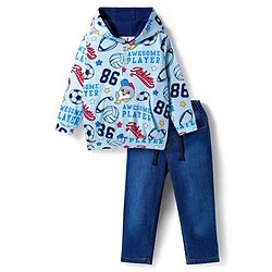 Babyhug Knit Premium Light Gauge Terry Full Sleeves Hooded T-Shirt & Denim Jeans with Kangaroo Pocket & Sport Theme Print - Blue