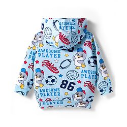 Babyhug Knit Premium Light Gauge Terry Full Sleeves Hooded T-Shirt & Denim Jeans with Kangaroo Pocket & Sport Theme Print - Blue