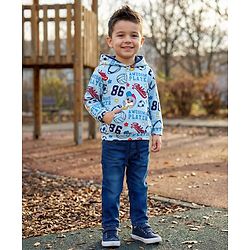 Babyhug Knit Premium Light Gauge Terry Full Sleeves Hooded T-Shirt & Denim Jeans with Kangaroo Pocket & Sport Theme Print - Blue