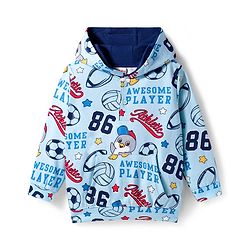 Babyhug Knit Premium Light Gauge Terry Full Sleeves Hooded T-Shirt & Denim Jeans with Kangaroo Pocket & Sport Theme Print - Blue