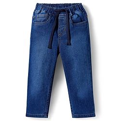 Babyhug Knit Premium Light Gauge Terry Full Sleeves Hooded T-Shirt & Denim Jeans with Kangaroo Pocket & Sport Theme Print - Blue