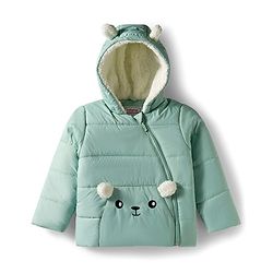 Babyhug Woven Full Sleeves Hooded Padded Jacket With Animal Applique - Mint Green