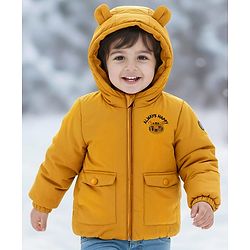 Babyhug Woven Full Sleeves Hooded Padded Jacket With Tiger Embroidery - Yellow
