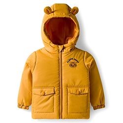 Babyhug Woven Full Sleeves Hooded Padded Jacket With Tiger Embroidery - Yellow