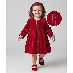 Babyhug Cotton Velour Full Sleeves Solid Color Front Open Frock - Maroon