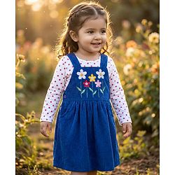 Babyhug Corduroy Knit Floral Embroidered Frock with Full Sleeves Inner Tee & Polka Dot Print - Blue & White