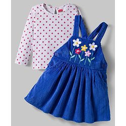 Babyhug Corduroy Knit Floral Embroidered Frock with Full Sleeves Inner Tee & Polka Dot Print - Blue & White