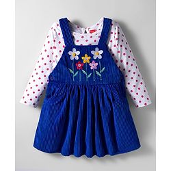 Babyhug Corduroy Knit Floral Embroidered Frock with Full Sleeves Inner Tee & Polka Dot Print - Blue & White