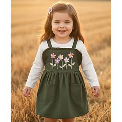 Babyhug Cotton Knit Floral Embroidered Frock with Full Sleeves Inner Tee - Olive Green & White