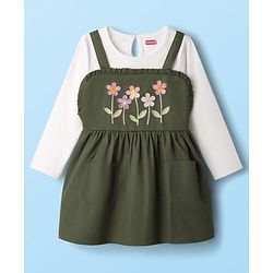 Babyhug Cotton Knit Floral Embroidered Frock with Full Sleeves Inner Tee - Olive Green & White