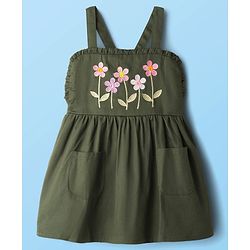 Babyhug Cotton Knit Floral Embroidered Frock with Full Sleeves Inner Tee - Olive Green & White