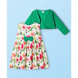 Babyhug Cotton Knit Frock & Full Sleeves Shrug With Floral Print & Bow Applique - White & Green