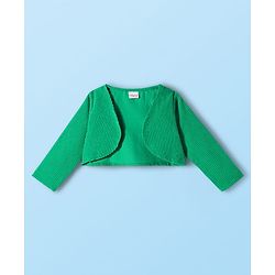 Babyhug Cotton Knit Frock & Full Sleeves Shrug With Floral Print & Bow Applique - White & Green