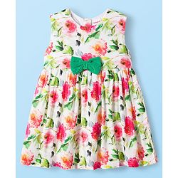 Babyhug Cotton Knit Frock & Full Sleeves Shrug With Floral Print & Bow Applique - White & Green
