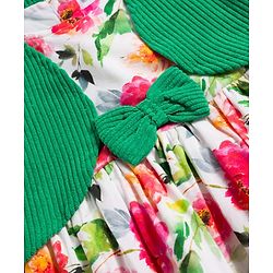 Babyhug Cotton Knit Frock & Full Sleeves Shrug With Floral Print & Bow Applique - White & Green