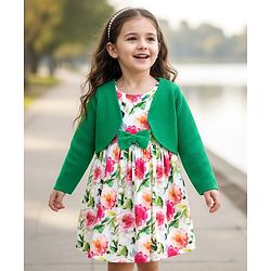 Babyhug Cotton Knit Frock & Full Sleeves Shrug With Floral Print & Bow Applique - White & Green