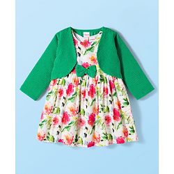 Babyhug Cotton Knit Frock & Full Sleeves Shrug With Floral Print & Bow Applique - White & Green