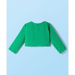 Babyhug Cotton Knit Frock & Full Sleeves Shrug With Floral Print & Bow Applique - White & Green