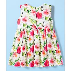 Babyhug Cotton Knit Frock & Full Sleeves Shrug With Floral Print & Bow Applique - White & Green