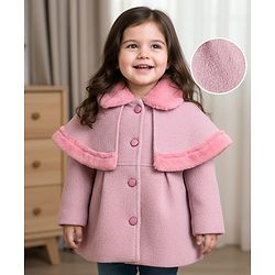 Babyhug Woven Full Sleeves Cape Style Solid Overcoat With Fur Collar - Purple