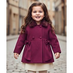 Babyhug Woven Full Sleeves Solid Color Overcoat with Bow Applique - Navy Blue