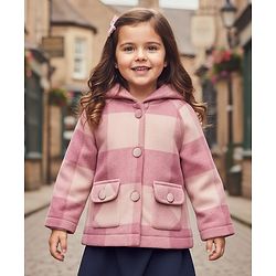 Babyhug Woven Full Raglan Sleeves Checks Hooded Overcoat - Pink