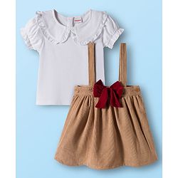Babyhug Cotton Knit Half Sleeves Top & Skirt Set With Bow Applique - White