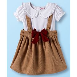 Babyhug Cotton Knit Half Sleeves Top & Skirt Set With Bow Applique - White