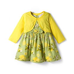 Babyhug Cotton Woven Floral Printed Frock with Three Fourth Sleeves Jacket - Yellow